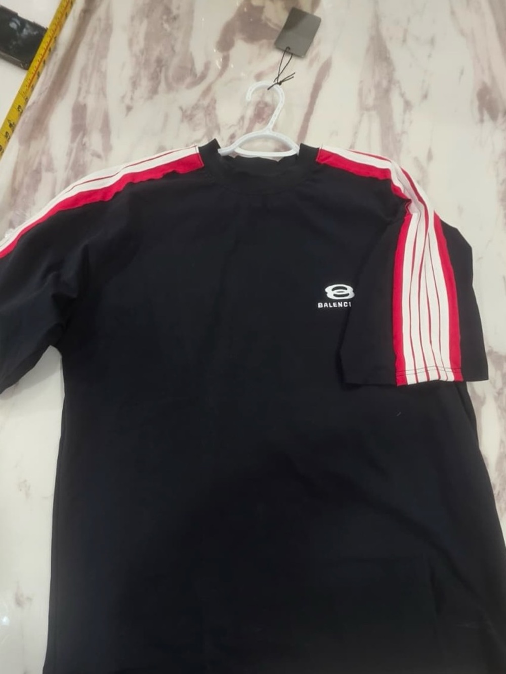 Black Tee with Red & White Sleeve Stripes - BALENCIAGA size Large oversized